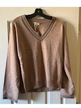 NWT Brown V-Neck Sweater Dark Brown Trim